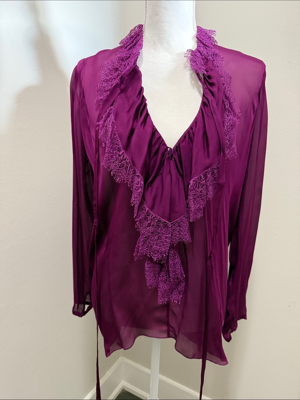 Lace-Trim Ruffle V-Neck Blouse in Deep Purple